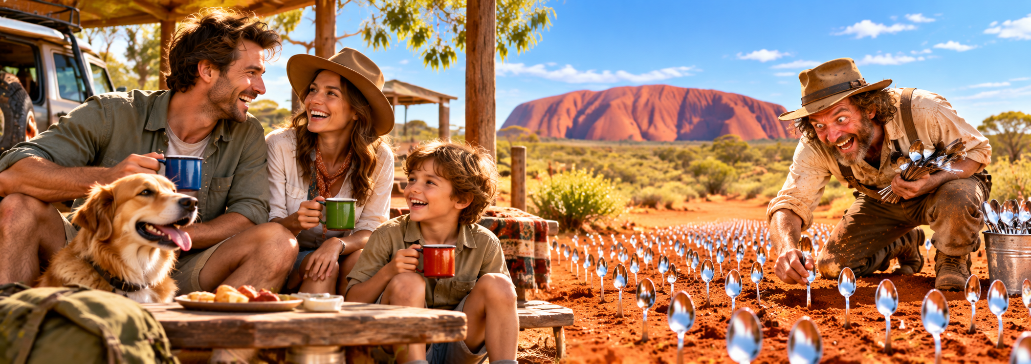 A family relaxes near Uluru while a man plants a field of spoons.